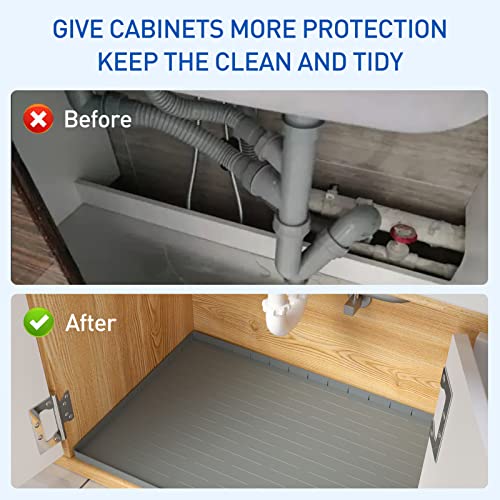 WOJIUBUXIN Under Sink Mat for Kitchen Waterproof 34" x 22" Flexible Silicone Sink Protector Mat for 36" Cabinet Grey Kitchen Under Sink Drip Tray with Unique Drain Hole,Hold up to 3.3 Gallons Liquid