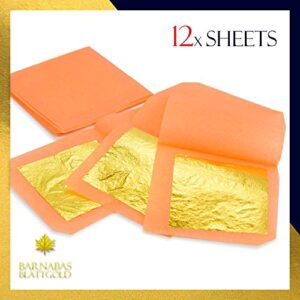 Genuine Edible Gold Leaf - 12 Sheets - Barnabas Gold - Professional Quality Gold Leaf - Loose Leaf for Cupcakes and Chocolate - 1.5 inches per Sheet - Book of 12 Sheets