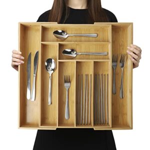 large expandable bamboo drawer organizer-kitchen utensil, flatware&silverware organizer-wood adjustable drawer organizer for knives in kitchen, bedroom, living room storage box (12.9-19×18″)