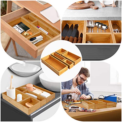 Secura Kitchen Drawer Utensil Organizer Box Set 5 Pack, Bamboo Utensil Holder Cutlery Makeup Silverware Jewelry Flatware Organization Tray for Kitchen, Bathroom, Office and Living Room