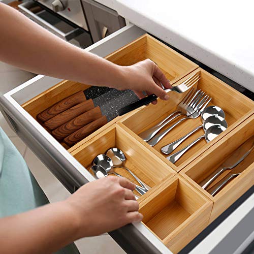 Secura Kitchen Drawer Utensil Organizer Box Set 5 Pack, Bamboo Utensil Holder Cutlery Makeup Silverware Jewelry Flatware Organization Tray for Kitchen, Bathroom, Office and Living Room