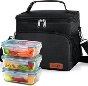 niuta insulated lunch bag for men/womens, lunch box, black upgraded version double deck reusable lunch pail (black-1)