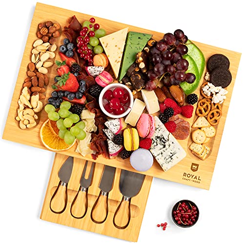 Unique Bamboo Cheese Board, Charcuterie Platter & Serving Tray Including 4 Stainless Steel Knife & Thick Wooden Server - Fancy House Warming Gift & Perfect Choice for Gourmets (Bamboo)