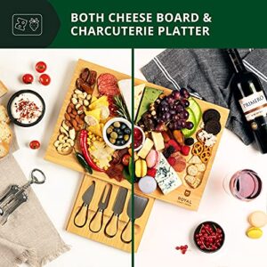 Unique Bamboo Cheese Board, Charcuterie Platter & Serving Tray Including 4 Stainless Steel Knife & Thick Wooden Server - Fancy House Warming Gift & Perfect Choice for Gourmets (Bamboo)