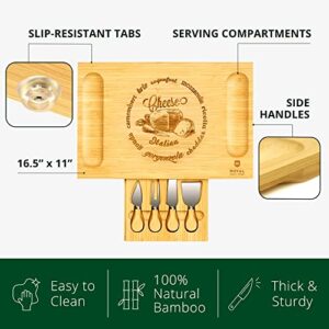 Unique Bamboo Cheese Board, Charcuterie Platter & Serving Tray Including 4 Stainless Steel Knife & Thick Wooden Server - Fancy House Warming Gift & Perfect Choice for Gourmets (Bamboo)