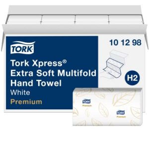 tork xpress extra soft multifold hand towel white with blue leaf h2, premium, 4-panel, high performance, absorbent, 2-ply, 16 x 94 sheets, 101298