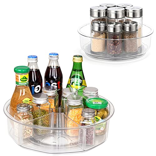 Puricon 2 Pack Lazy Susan Organizer 12 inch and 9" with Dividers, Clear Turntable Rotating Storage Container Bin for Kitchen Pantry Cabinet Fridge Undersink, Spice Rack Snack Skincare Organizer