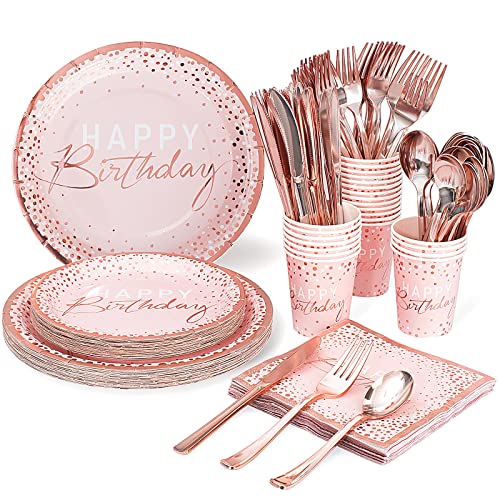 175PCS Happy Birthday Plates and Napkins Party Supplies, Paper Pink and Rose Gold Plates and Napkins with Rose Gold Plastic Forks Knives Spoons Serve 25 Guests for Girl Women Birthday Party Decoration