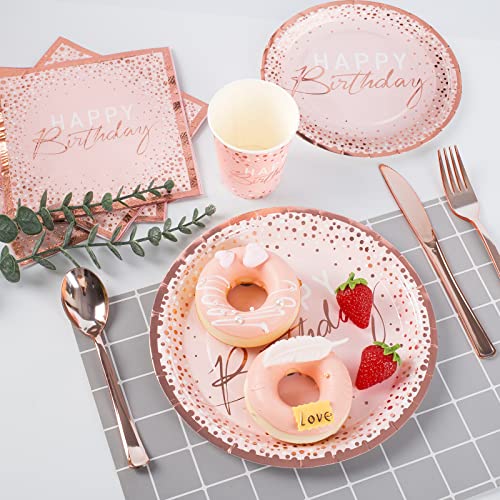 175PCS Happy Birthday Plates and Napkins Party Supplies, Paper Pink and Rose Gold Plates and Napkins with Rose Gold Plastic Forks Knives Spoons Serve 25 Guests for Girl Women Birthday Party Decoration