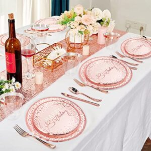 175PCS Happy Birthday Plates and Napkins Party Supplies, Paper Pink and Rose Gold Plates and Napkins with Rose Gold Plastic Forks Knives Spoons Serve 25 Guests for Girl Women Birthday Party Decoration