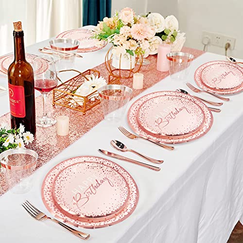 175PCS Happy Birthday Plates and Napkins Party Supplies, Paper Pink and Rose Gold Plates and Napkins with Rose Gold Plastic Forks Knives Spoons Serve 25 Guests for Girl Women Birthday Party Decoration