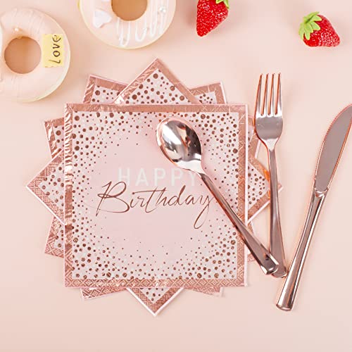 175PCS Happy Birthday Plates and Napkins Party Supplies, Paper Pink and Rose Gold Plates and Napkins with Rose Gold Plastic Forks Knives Spoons Serve 25 Guests for Girl Women Birthday Party Decoration