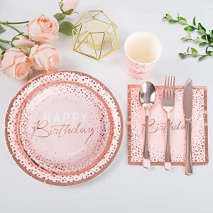 175PCS Happy Birthday Plates and Napkins Party Supplies, Paper Pink and Rose Gold Plates and Napkins with Rose Gold Plastic Forks Knives Spoons Serve 25 Guests for Girl Women Birthday Party Decoration