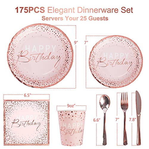 175PCS Happy Birthday Plates and Napkins Party Supplies, Paper Pink and Rose Gold Plates and Napkins with Rose Gold Plastic Forks Knives Spoons Serve 25 Guests for Girl Women Birthday Party Decoration