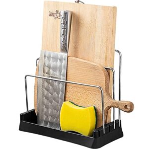 muuboox pot lid holder cutting board drying rack support organizer、kitchen storage cabinet organizer for dishcloth towel/ cutting board/kitchen knife (black)
