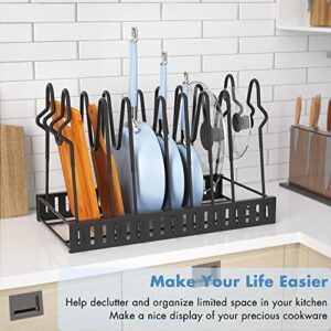 Felibeaco Adjustable Pots and Pans Organizer Rack for Cabinet, Metal Pans Pots Lids Storage Holder Rack under Cabinet with 3 DIY Methods, Pot Rack with 8 Tiers for Kitchen,Counter,Black,