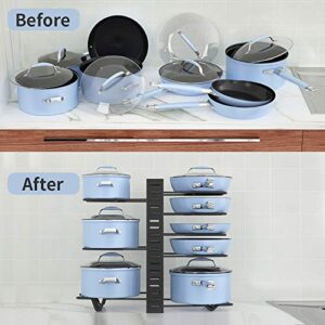 Felibeaco Adjustable Pots and Pans Organizer Rack for Cabinet, Metal Pans Pots Lids Storage Holder Rack under Cabinet with 3 DIY Methods, Pot Rack with 8 Tiers for Kitchen,Counter,Black,