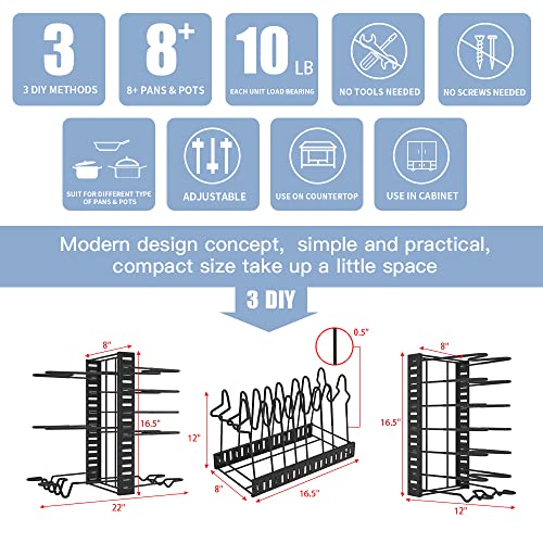 Felibeaco Adjustable Pots and Pans Organizer Rack for Cabinet, Metal Pans Pots Lids Storage Holder Rack under Cabinet with 3 DIY Methods, Pot Rack with 8 Tiers for Kitchen,Counter,Black,