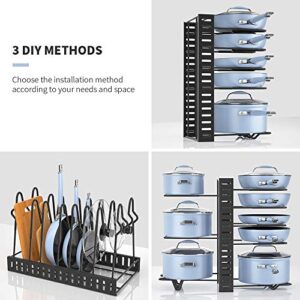 Felibeaco Adjustable Pots and Pans Organizer Rack for Cabinet, Metal Pans Pots Lids Storage Holder Rack under Cabinet with 3 DIY Methods, Pot Rack with 8 Tiers for Kitchen,Counter,Black,