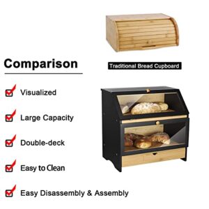 HOMEKOKO Large Bamboo Two-layer Bread Box With Drawer, Double Layers Large Bread Box for Kitchen Counter, Wooden Large Capacity Bamboo Bread Food Storage Bin (BLACK)