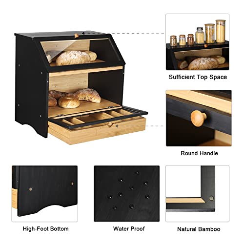 HOMEKOKO Large Bamboo Two-layer Bread Box With Drawer, Double Layers Large Bread Box for Kitchen Counter, Wooden Large Capacity Bamboo Bread Food Storage Bin (BLACK)