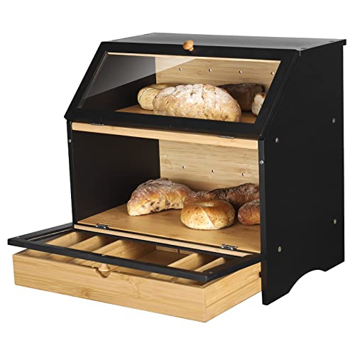 HOMEKOKO Large Bamboo Two-layer Bread Box With Drawer, Double Layers Large Bread Box for Kitchen Counter, Wooden Large Capacity Bamboo Bread Food Storage Bin (BLACK)