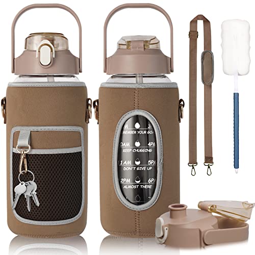 Goswe 64oz Glass Water Bottle with Straw and Handle Lid, Storage Sleeve, Half Gallon Large Reusable Sports Motivational Glass Bottle with Time Marker, Leakproof and BPA-Free,Khaki