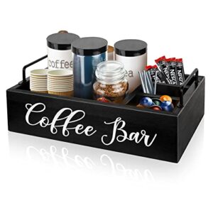 coffee station organizer wooden coffee bar organizer for countertop, coffee bar accessories organizer farmhouse kcup coffee pod holder storage basket with handle – black