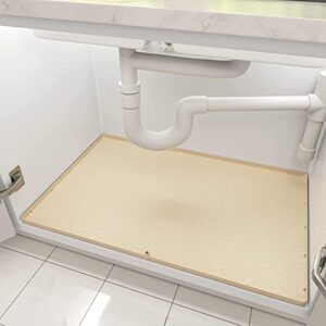under sink mat, 28” x 22” silicone under sink liner, waterproof shelf liner with drain hole, kitchen bathroom cabinet mats (beige)