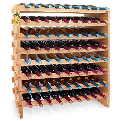 SereneLife 72 Bottle Stackable Wine Rack, 33.5" x 10" x 42" 8-Tier Large Floor Freestanding Modular Storage Display Shelf Natural Bamboo Wood Construction for Kitchen and Cellar, Brown