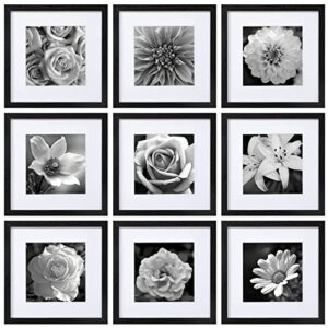 eletecpro 12×12 picture frames black set of 9, wooden square frame displays 8×8 with mat and 12×12 without mat, poster frame for wall hanging