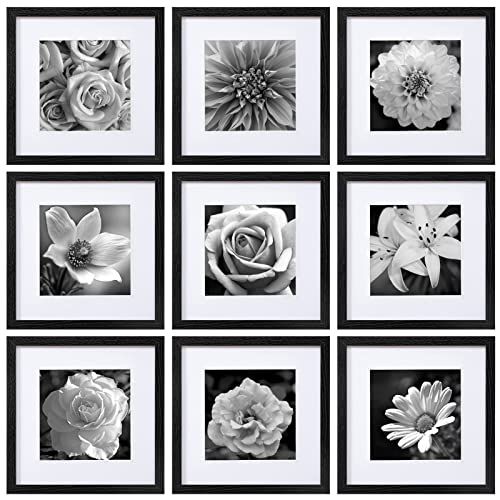 eletecpro 12x12 Picture Frames Black Set of 9, Wooden Square Frame Displays 8x8 with Mat and 12x12 without Mat, Poster Frame for Wall Hanging