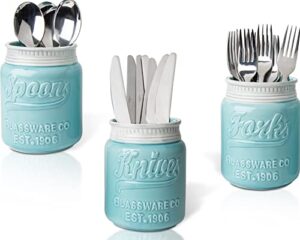 ceramic mason jar cutlery holder – set of 3 – farmhouse silverware caddy for kitchen countretop – decorative spoon, fork & knife holder for parties & more – rustic caddy made of premium ceramic