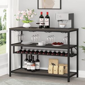 lvb wine rack table, liquor bar cabinet freestanding floor, wooden rustic wine storage with wine shelf and glass holder, metal and wood modern wine cabinet for home with bottle rack, dark gray oak