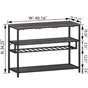 LVB Wine Rack Table, Liquor Bar Cabinet Freestanding Floor, Wooden Rustic Wine Storage with Wine Shelf and Glass Holder, Metal and Wood Modern Wine Cabinet for Home with Bottle Rack, Dark Gray Oak