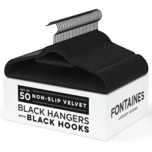 Fontaines Luxury Black/Black Velvet Non-Slip Clothes Hangers - Pack of 50 - Ultra Slim & Space Saving - Heavy Duty with 360 Degree Black Swivel Hook for Clothing, Suit, Top, (Black/Black)