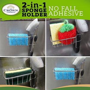 The Crown Choice Kitchen Sponge and Brush Holder – Sink Caddy - Sponge Holder Stainless Steel, Adhesive, Rust Proof and Water Proof – Kitchen Holder Sponges, Scrubbers, Soap