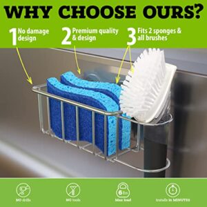 The Crown Choice Kitchen Sponge and Brush Holder – Sink Caddy - Sponge Holder Stainless Steel, Adhesive, Rust Proof and Water Proof – Kitchen Holder Sponges, Scrubbers, Soap