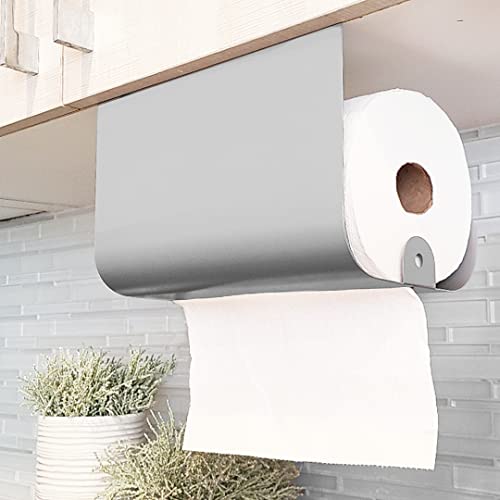 KN FLAX Paper Towel Holder Under Cabinet, No Drilling Needed Paper Towels Hanger with Magnetic Bulletin Board for Memo and Kitchen Timer - Grey