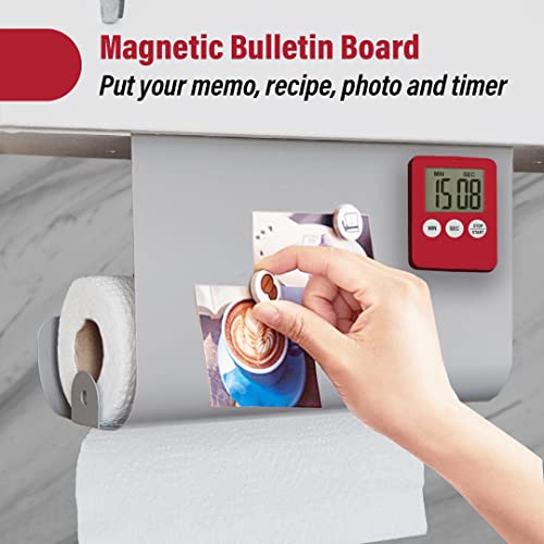 KN FLAX Paper Towel Holder Under Cabinet, No Drilling Needed Paper Towels Hanger with Magnetic Bulletin Board for Memo and Kitchen Timer - Grey