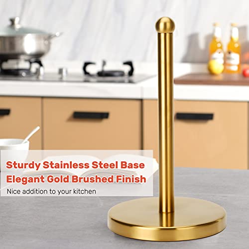 Gold Paper Towel Holder, Easy One-Handed Design for Kitchen Stand Paper Towel Dispenser, Sturdy Base for Standard Paper Towel Rolls and Mega Paper Towel Roll (Gold - Stainless Steel Base)