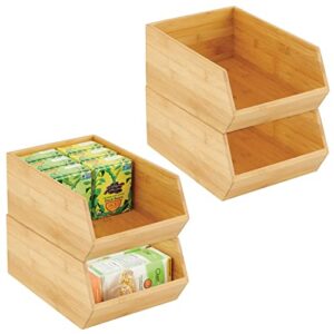mdesign bamboo stackable food storage organization bin basket – wide open front for kitchen cabinets, pantry, offices, closets, holds snacks, dry goods, packets, spices, teas – 4 pack – natural wood
