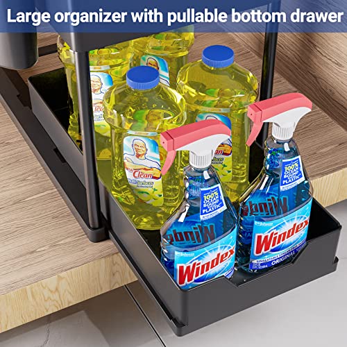 3 Pack Puricon Under Sink Organizer Pull Out Under Sink Storage, 2 Tier Multi-Purpose Sliding Under the Sink Organizer Bathroom Kitchen Sink Organizer Under Cabinet Shelf for Cleaning Supplies -Black