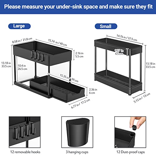 3 Pack Puricon Under Sink Organizer Pull Out Under Sink Storage, 2 Tier Multi-Purpose Sliding Under the Sink Organizer Bathroom Kitchen Sink Organizer Under Cabinet Shelf for Cleaning Supplies -Black