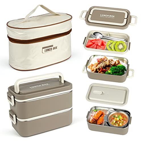 Bento Box Adult Lunch Box, Keweis Portable Insulated Lunch Containers Set for Adults Teens Kids, 2-Tier Stackable Stainless Steel Bento Boxes with Thermal Lunch Bag Soup Bowl, Leakproof Food Container