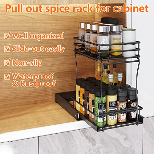 Pull Out Snack Cupboard Organizers with Two Tier Sliding Small Spice Rack for Inside Cabinet,Under Kitchen Bathroom Sink Drawer Organization Baskets and Storage Fits Spices, Sauces, Cans (10"x8"x8")