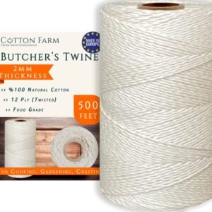 Cotton Farm Cooking Twine, 500 Feet String, 0.1 Inch (2mm) Thickness, Twisted (Extra Strong), 100% Unbleached Cotton - Butchers Choice for Cooking