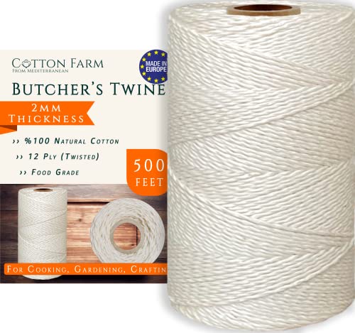 Cotton Farm Cooking Twine, 500 Feet String, 0.1 Inch (2mm) Thickness, Twisted (Extra Strong), 100% Unbleached Cotton - Butchers Choice for Cooking