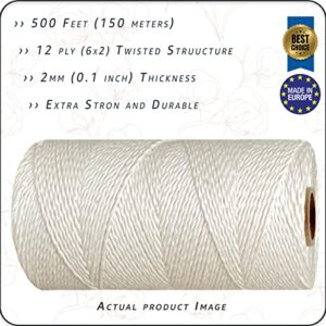 Cotton Farm Cooking Twine, 500 Feet String, 0.1 Inch (2mm) Thickness, Twisted (Extra Strong), 100% Unbleached Cotton - Butchers Choice for Cooking