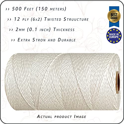 Cotton Farm Cooking Twine, 500 Feet String, 0.1 Inch (2mm) Thickness, Twisted (Extra Strong), 100% Unbleached Cotton - Butchers Choice for Cooking